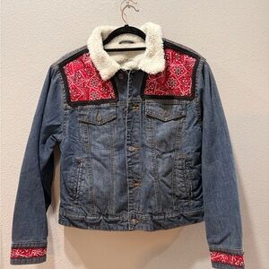 🔥 Stunning Handmade Re-Designed Denim Jacket w/ Red Bandana Accents – Size M